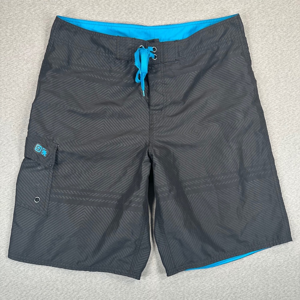 Y2K Gotcha Board Shorts Mens 34 Black Geometric Turquoise Trim Cargo‎ Pocket